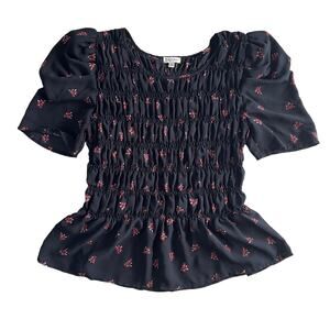 Lily White Black Floral Smocked Peplum Blouse Women’s Size L Puff Sleeve